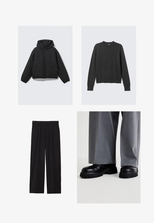 Casaco puffer preto com capuz, apresentando um fecho de correr frontal, punhos elásticos e dois bolsos laterais com fecho de correr em ângulo. Textura suave e design curto.; Suéter tricotado cinza escuro com um decote redondo, punhos e barra canelados. O tecido tem uma textura suave e apresenta um design de ajuste solto.; Calças largas pretas com pregas na frente, bolsos laterais e uma textura de tecido suave. Projetadas para um ajuste confortável.; Sapatos de couro pretos com uma sola espessa e gretada, combinados com calças largas cinzas com riscas.