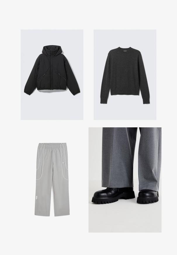 Czarna kurtka puchowa z kapturem, z zamek błyskawicznym z przodu, elastycznymi mankietami i dwoma skośnymi kieszeniami zapinanymi na zamek po bokach. Gładka tekstura i krótki fason.; Ciemnoszary sweter z dzianiny z okrągłym dekoltem, ściągaczami przy mankietach i u dołu. Tkanina ma gładką fakturę i luźny krój.; Jasnoszare dresowe spodnie z elastycznym paskiem w talii, z białymi lampasami i logo Puma na górnej części uda, luźny krój i proste nogawki.; Czarne skórzane buty na grubej podeszwie z głębokim bieżnikiem, połączone z szaro-białymi szerokimi spodniami w prążki.
