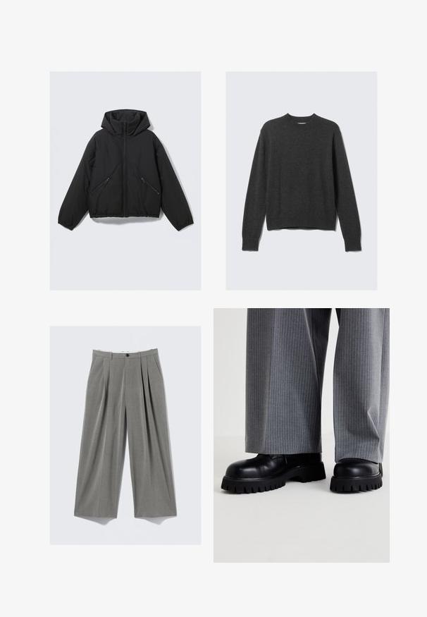 Giubbotto imbottito nero con cappuccio, dotato di zip frontale, polsini elasticizzati e due tasche laterali con zip angolate. Texture liscia e design cropped.; Maglione lavorato a maglia grigio scuro con scollo rotondo, polsini e orlo a coste. Il tessuto ha una texture liscia e presenta un design a vestibilità rilassata.; Pantaloni da abito grigio a righe con gamba larga, pieghe frontali, passanti per cintura, tasche laterali e chiusura a bottone nera.; Scarpe in pelle nera con suola spessa e scanalature profonde, abbinate a pantaloni larghi grigi a righe.