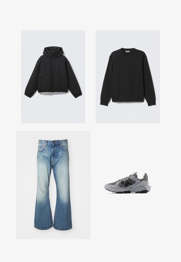 Black puffer jacket with a hood, featuring a front zipper, elastic cuffs, and two angled zippered side pockets. Smooth texture and cropped design.; Black crewneck sweatshirt with long sleeves and ribbed cuffs and hem, labeled "WEEKDAY" on the inside collar.; Weekday TIME LOOSE - Straight leg jeans - blue; Gray athletic shoe with a mesh upper, textured accents, a rugged sole, and a lacing system. Features a black logo on the side.