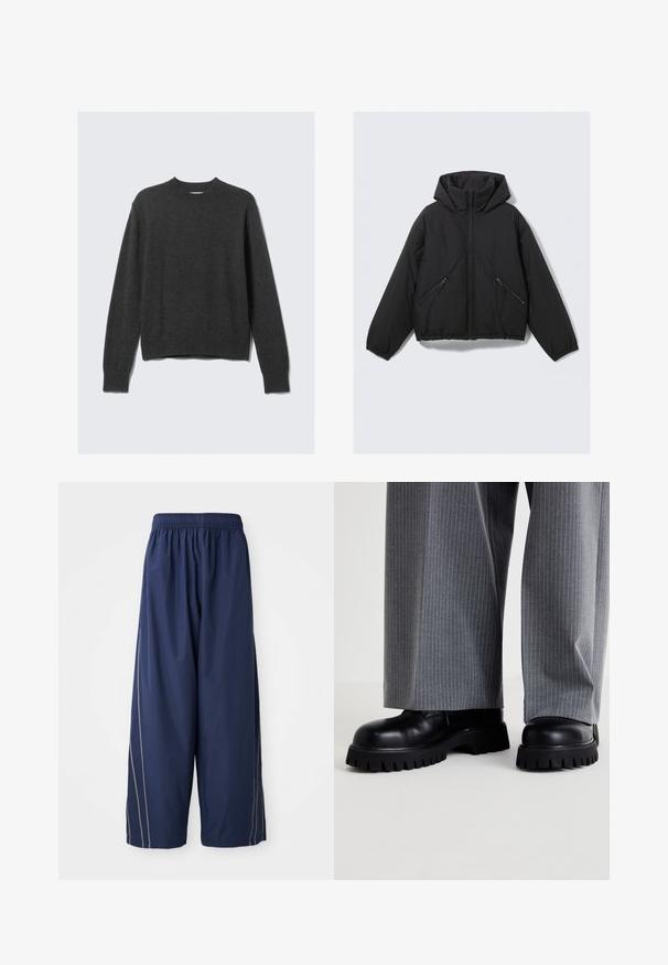 Melnā pūkainā jaka ar kapuci, ar priekšējo rāvējslēdzēju, elastīgām aprocēm un divām slīpām rāvējslēdzēju sānu kabatām. Gluda tekstūra un īsais izgriezums.; Tumši pelēks adīts džemperis ar apaļu kakla izgriezumu, ribotas piedurknes un apakšmali. Audumam ir gluda tekstūra un tam ir brīva piegriezuma dizains.; Tums zilas, brīvi pieguļošas bikses ar elastīgu jostu un sānu sloksnēm gaišākā tonī. Izgatavotas no gludas, vieglas auduma.; Melnas ādas kurpes ar masīvu zoli un dziļiem zīmējumiem, apvienotas ar pelēkiem svītrainiem platām biksēm.