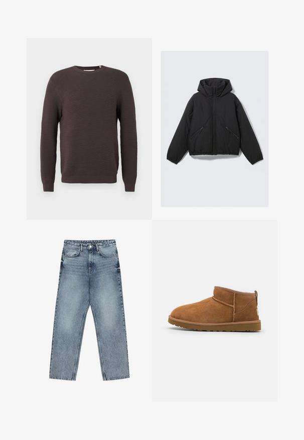 Casaco puffer preto com capuz, apresentando um fecho de correr frontal, punhos elásticos e dois bolsos laterais com fecho de correr em ângulo. Textura suave e design curto.; Suéter canelado de malha castanho escuro com gola redonda, mangas longas e punhos justos.; Deve azul claro com corte reto, costura visível, design de cinco bolsos e fecho de botão na cintura.; Botim de tornozelo em camurça castanha com biqueira arredondada, detalhes de costura subtil e sola de borracha texturizada. Altura curta sem atacadores.