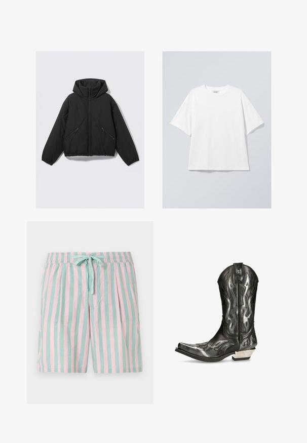 Zwarte gewatteerde jas met een capuchon, voorzien van een rits aan de voorkant, elastische manchetten en twee schuin geplaatste ritszakken aan de zijkant. Glad materiaal en cropped ontwerp.; Witte katoenen T-shirt met een ronde halslijn en korte mouwen. Ontspannen pasvorm zonder zichtbare patronen of accenten. Soepele textuur.; Lichte gestreepte korte broek met afwisselend teal en roze verticale strepen, een elastische tailleband en een voorste strikdetail.; Zwarte leren cowboylaars met zilveren vlampatronen, spitse neus en een lage zilveren hak. Beschikt over stikdetails en een treklabel.