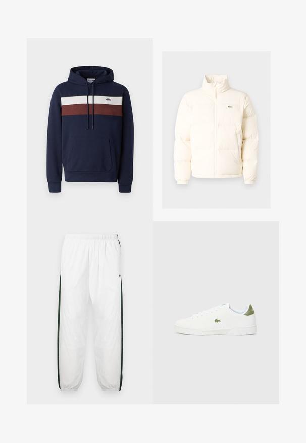 Balts pūkains jaka ar augstu apkakli, priekšā ar rāvējslēdzēju, elastīgām piedurknēm un mazu zaļu logo kreisajā krūtī.; Tumši zila kapuce ar priekšējo kangaru kabatu, ar horizontālām svītrām baltā un ķieģeļu krāsā, un mazu logotipu uz krūtīm.; Baltas sporta bikses ar tumši zaļām sānu joslām. Viegls materiāls, elastīga josta un aproces apakšā. Satur acu auduma tekstūru sānu joslās.; Baltas sporta apavi ar gludu virsmu, ar zaļu akcentu uz papēža un mazu izšūtu krokodila logo sānos.