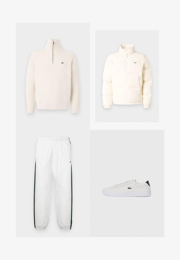 Fehér pufferezett dzseki magas gallérral, elülső zipzárral, rugalmas mandzsettákkal és egy kis zöld logóval a bal mellen.; Krémszínű, texturált kötött pulóver negyedcipzárral, amelyen egy kis zöld hímzett krokodil logo található a mellrészen.; Fehér sportnadrág sötétzöld oldalpanelekkel. Könnyű anyagból készült, rugalmas derékkal és gumis szegéllyel. Az oldalpaneleken hálós textúra található.; Fehér bőr sportcipő kerek orral, fűzős elülső résszel és fekete sarok akcentussal. Oldalán egy kis hímzett krokodil logóval rendelkezik.