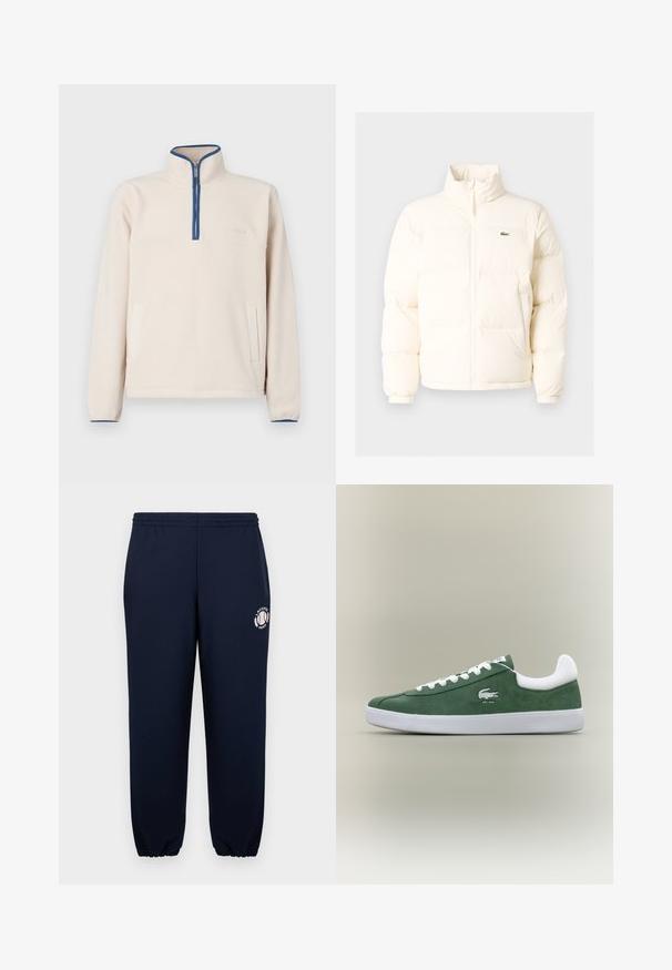 Hvid pufferjakke med høj krave, der har en frontlynlås, elastiske manchetter og et lille grønt logo på venstre bryst.; Lys beige fleece pullover med høj krave, halvlange lynlås, blå detalje langs halsudskæringen og to sidelommer. Blød tekstur.; Mørkeblå sweatpants lavet af blødt bomuld med elastiske manchetter og talje. Har et hvidt Lacoste Paris-logo på venstre ben.; Lave profil grøn ruskinds sneaker med hvide snørebånd, hvid sål, polstret hælkoture og broderet krokodilleskud med teksten "EST. 1933".