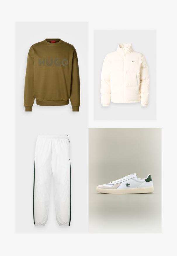 Balts pūkains jaka ar augstu apkakli, priekšā ar rāvējslēdzēju, elastīgām piedurknēm un mazu zaļu logo kreisajā krūtī.; Olīvu zaļa džemperis ar apaļu kaklu, ribotām piedurknēm un lielu, matētu logo, kas priekšpusē lasāms "HUGO". Mīksta tekstūra, brīvs griezums.; Baltas sporta bikses ar tumši zaļām sānu joslām. Viegls materiāls, elastīga josta un aproces apakšā. Satur acu auduma tekstūru sānu joslās.; Baltie sporta apavi ar zaļiem akcentiem, izgatavoti no zamša un ādas, ar noapaļotu purngalu, teksturētu zoli un izšūtu logotipu sānos un uz mēles.