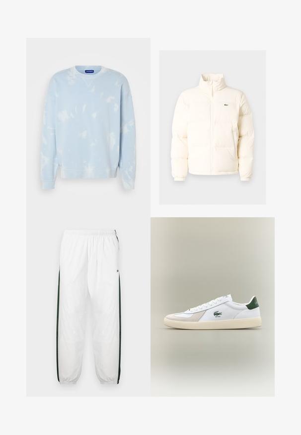 Jachetă pufoasă albă cu guler înalt, cu fermoar în față, manșete elastice și un mic logo verde pe pieptul stâng.; Hanorac albastru deschis cu un model tie-dye, guler rotund și mâneci largi. Fabricat dintr-un material moale, cu manșete și tiv cu nervuri.; Pantaloni de trening albi cu panouri laterale de culoare verde închis. Material ușor, talie elastică și tivuri manșonate. Prezintă o textură din plasă pe panourile laterale.; Adidași albi cu accente verzi, din suede și piele, cu vârf rotunjit, talpă texturată și logo brodat pe lateral și pe limbă.