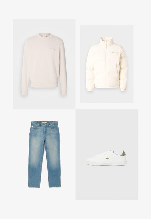 Giacca a vento bianca con collo alto, dotata di zip frontale, polsini elasticizzati e un piccolo logo verde sul petto a sinistra.; Felpa di colore crema realizzata in morbido misto cotone, con scollatura rotonda e polsini a coste, con un piccolo logo Calvin Klein nero sul petto.; Jeans in denim blu chiaro con design a gamba dritta, cinque tasche e un lavaggio leggermente sbiadito. Presentano hardware argentato e un'etichetta con il marchio sulla cintura.; Sneakers bianchi con una texture liscia, caratterizzate da un accento verde sul tallone e un piccolo logo ricamato a forma di coccodrillo sul lato.