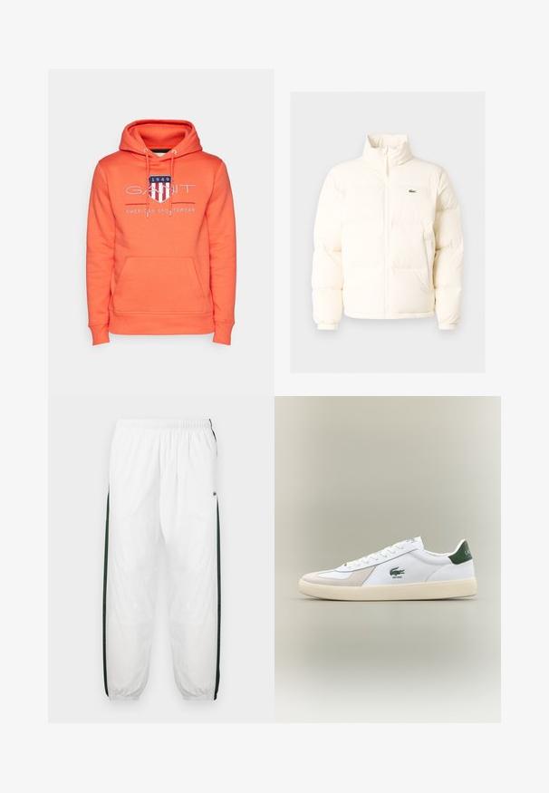 Hvid pufferjakke med høj krave, der har en frontlynlås, elastiske manchetter og et lille grønt logo på venstre bryst.; GANT ARCHIVE SHIELD - Hættetrøje - orange; Hvide træningsbukser med mørkegrønne sidelæg. Letvægtsmateriale, elastisk talje og manchetter ved benene. Har mesh-struktur på sidelæggene.; Hvide sneakers med grønne accenter, lavet af ruskind og læder, rund tå, tekstureret ydersål og broderet logo på siden og tungen.