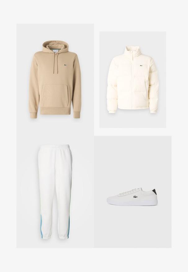 White puffer jacket with a high collar, featuring a front zipper, elastic cuffs, and a small green logo on the left chest.; Beige hooded sweatshirt made of cotton blend. Features a kangaroo pocket, ribbed cuffs, and a small green embroidered logo on chest.; White sweatpants with elastic waistband, featuring green and blue side stripes. Soft fabric with a tapered ankle design.; White leather sneaker with round toe, lace-up front, and black heel accent. Features a small embroidered crocodile logo on the side.