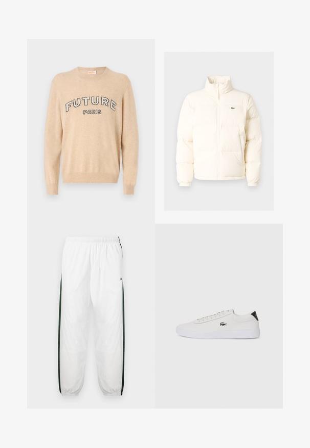 Biela puffrová bunda s vysokým golierom, predným zipsom, elastickými manžetami a malým zeleným logom na ľavom prsníku.; Béžový sveter z mäkkého materiálu, s okrúhlym výstrihom, dlhými rukávmi a tmavým nápisom "FUTURE PARIS" naprieč hrudníkom.; Biele športové nohavice s tmavozelenými bočnými panelmi. Ľahký materiál, elastický pás a sťahované lemy. Obsahujú sieťovinovú textúru na bočných paneloch.; Biele kožené tenisky s okrúhlou špičkou, šnurovaním vpredu a čiernym akcentom na päte. Obsahujú malé vyšívané logo krokodíla na boku.