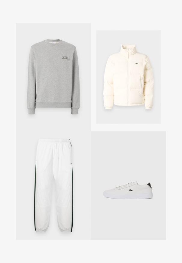 Valkoinen puhallettava takki, jossa on korkea kaulus, etuvetoketju, joustavat hihansuut ja pieni vihreä logo vasemmassa rinnassa.; Harmaa collegepaita, joka on valmistettu pehmeästä puuvillasekoitteesta. Tässä paidassa on pyöreä pääntie, ribbireunat hihansuissa ja pieni tummanvihreä logo rinnassa.; Valkoiset urheiluhousut tummanvihreillä sivupaneeleilla. Kevyt materiaali, joustava vyötärö ja resorit. Sivupaneeleissa on verkkotyyppinen tekstuuri.; Valkoinen nahkakenkä pyöreällä varvalla, nauhakiinnitys edessä ja musta kantapään korostus. Sivussa pieni brodyoitu krokotiililogo.