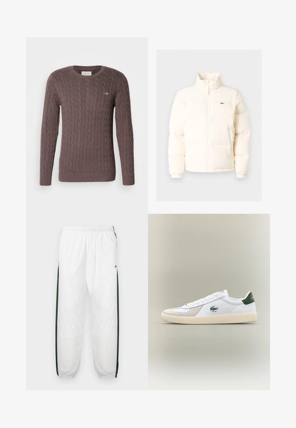 Jachetă pufoasă albă cu guler înalt, cu fermoar în față, manșete elastice și un mic logo verde pe pieptul stâng.; Pulover din lână tricotat cu un guler rotund, mâneci lungi și manșete și tiv cu margine ondulată. Prezintă un mic logo brodat pe piept.; Pantaloni de trening albi cu panouri laterale de culoare verde închis. Material ușor, talie elastică și tivuri manșonate. Prezintă o textură din plasă pe panourile laterale.; Adidași albi cu accente verzi, din suede și piele, cu vârf rotunjit, talpă texturată și logo brodat pe lateral și pe limbă.