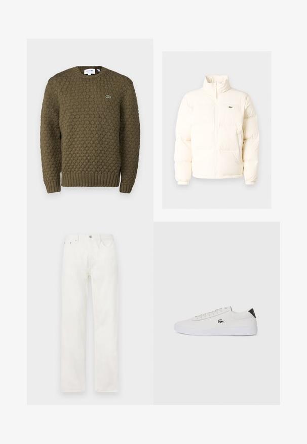 Jachetă pufoasă albă cu guler înalt, cu fermoar în față, manșete elastice și un mic logo verde pe pieptul stâng.; Lacoste Pulover - khaki; Jeans din denim alb cu croială dreaptă, închidere cu nasture și fermoar, design cu cinci buzunare și fără modele sau accente vizibile.; Tenis din piele albă cu vârf rotund, sistem de prindere cu șireturi în față și accent negru la călcâi. Are un mic logo brodat cu crocodil pe lateral.