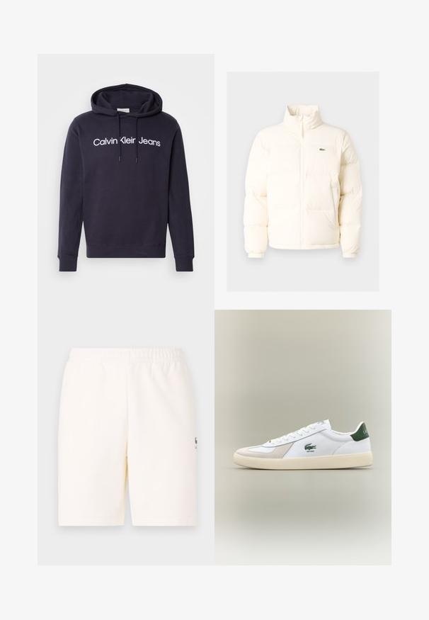 Giacca a vento bianca con collo alto, dotata di zip frontale, polsini elasticizzati e un piccolo logo verde sul petto a sinistra.; Felpa blu navy in cotone misto, con tasca anteriore a marsupio, cappuccio con lacci e scritta bianca: "Calvin Klein Jeans."; Pantaloni corti color crema con vita elastica, realizzati in tessuto morbido, con un piccolo logo sulla parte inferiore della gamba sinistra.; Sneaker bianca con accenti verdi, materiali in suede e pelle, punta arrotondata, suola testurizzata e logo ricamato sui lati e sulla linguetta.