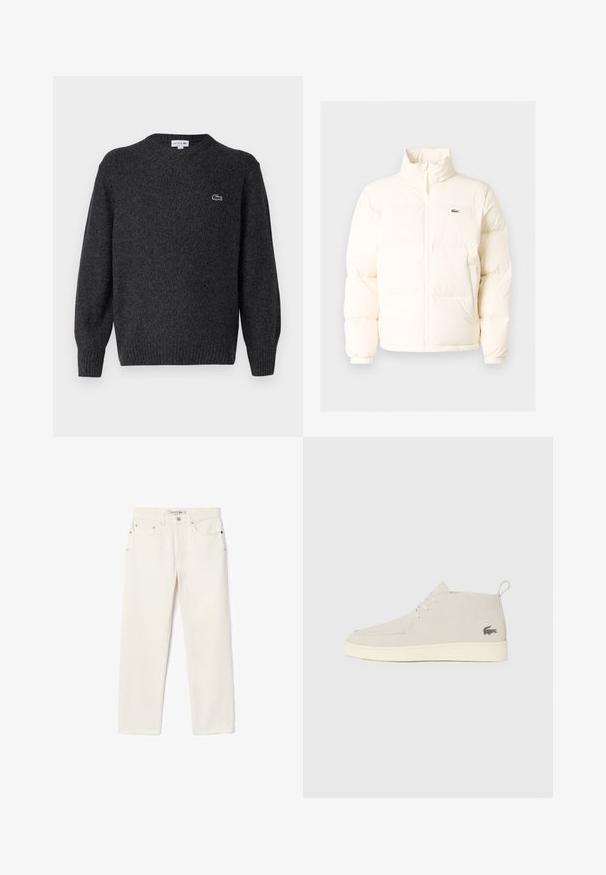 Valge pūusapüüri jope kõrge kaelusega, esiküljel lukuga, elastsete mansettidega ja väikese rohelise logoga vasakul rinnal.; Lacoste Džemper - bitume neps; Kreemjas denimist püksid sirge lõikega, millel on kaks esist pockets, nööpkinnitus ja peen bränding vöökoha lähedal.; Heledad hall Suede säärebootsid, ümara ninaga, valge kummist tallaga ja peene logodetailiga küljel. Omab nööridega sulgemist.