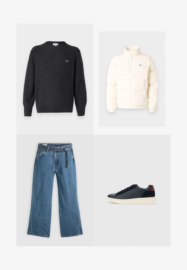 Valge pūusapüüri jope kõrge kaelusega, esiküljel lukuga, elastsete mansettidega ja väikese rohelise logoga vasakul rinnal.; Lacoste Džemper - bitume neps; Sinine denimist laienevate jalgadega teksad, millel on kinnitatud vöö, ees taskud ja nähtav õmblemine helesinise tausta peal.; Madala stiilis meeste toss mustast nahast ja seemisnahast, marooni värvi kanna detailiga ja valge kummist tallaga, vaatega välisküljelt.