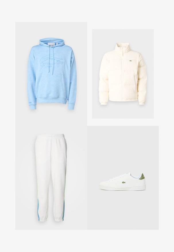 Weiße Daunenjacke mit hohem Kragen, ausgestattet mit einem Frontreißverschluss, elastischen Bündchen und einem kleinen grünen Logo auf der linken Brust.; Lacoste Sweatshirt - overview; Weiße Sweatpants mit elastischem Bund, ausgestattet mit grünen und blauen Seitenstreifen. Weicher Stoff mit einem schmal zulaufenden Knöcheldesign.; Weiße Sneakers mit glatter Textur, die an der Ferse einen grünen Akzent und ein kleines eingesticktes Krokodil-Logo an der Seite aufweisen.