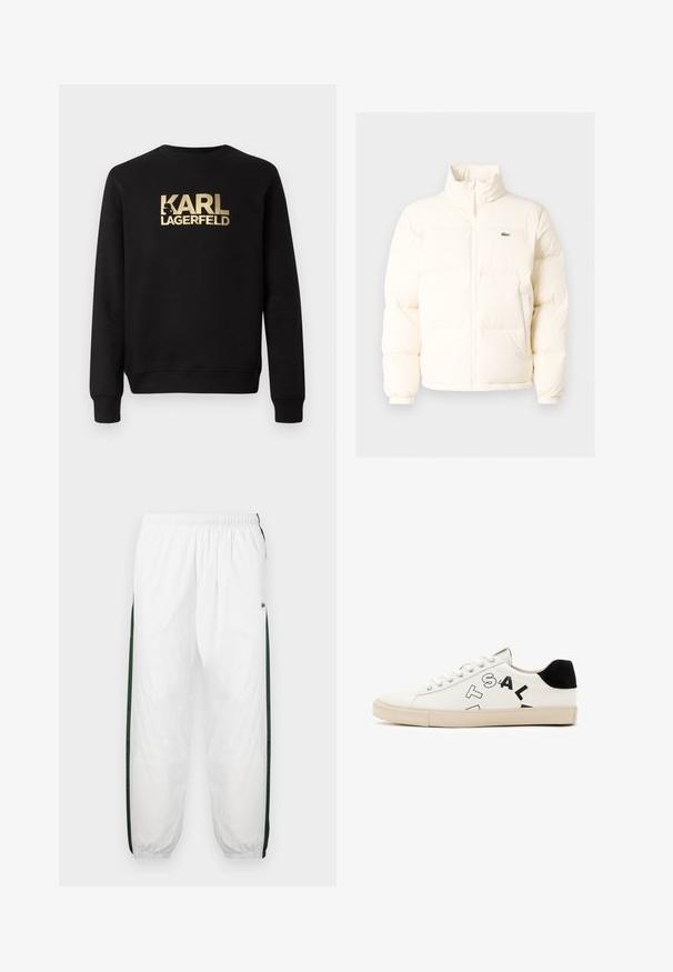 Fehér pufferezett dzseki magas gallérral, elülső zipzárral, rugalmas mandzsettákkal és egy kis zöld logóval a bal mellen.; Fekete pulóver kerek nyakkivágással és hosszú ujjakkal. Elöl egy feltűnő, arany színű "KARL LAGERFELD" logó található. Simább textúrával rendelkezik.; Fehér sportnadrág sötétzöld oldalpanelekkel. Könnyű anyagból készült, rugalmas derékkal és gumis szegéllyel. Az oldalpaneleken hálós textúra található.; Fehér bőr sportcipő fekete kiegészítőkkel a sarkán, élénk fekete felirattal az oldalon és gumitalppal. Minimalista dizájn.