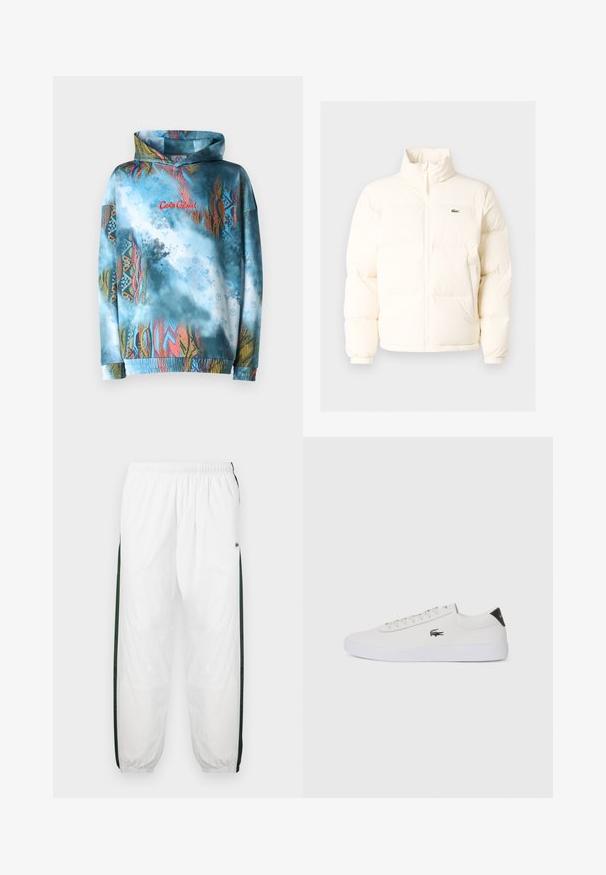 Balta pūkinė striukė su aukštu kaklu, turinti priekinį užtrauktuką, elastines rankogalius ir mažą žalią logotipą kairėje krūtinės pusėje.; Kapiška su gobtuvu, išskirtinė mėlyna ir daugiaspalvė abstrakti raštas. Lygi medžiaga, elastingi rankogaliai ir apatinė dalis, su raudonu tekstu.; Baltos treniruočių kelnės su tamsiai žaliais šonų juostelėmis. Lengva medžiaga, elastinga juosmens juosta ir apASPIRUOTI rankogaliai. Šonų juostelėse yra tinklelio tekstūra.; Balti odiniai sportbačiai su apvalia nosimi, raištelių užsegimu priekyje ir juodu akcentu ant kulno. Šone yra mažas išsiuvinėtas krokodilo logotipas.