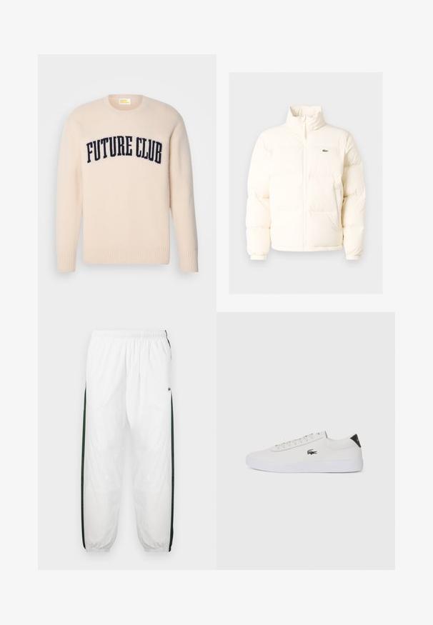 Giacca a vento bianca con collo alto, dotata di zip frontale, polsini elasticizzati e un piccolo logo verde sul petto a sinistra.; FROM FUTURE Maglione - sable; Pantaloni da tuta bianchi con pannelli laterali di un verde scuro. Materiale leggero, vita elasticizzata e orli a costine. Presentano una texture in rete sui pannelli laterali.; Sneaker bianco in pelle con punta rotonda, chiusura con lacci e accentuazione nera sul tallone. Presenta un piccolo logo di coccodrillo ricamato sul lato.