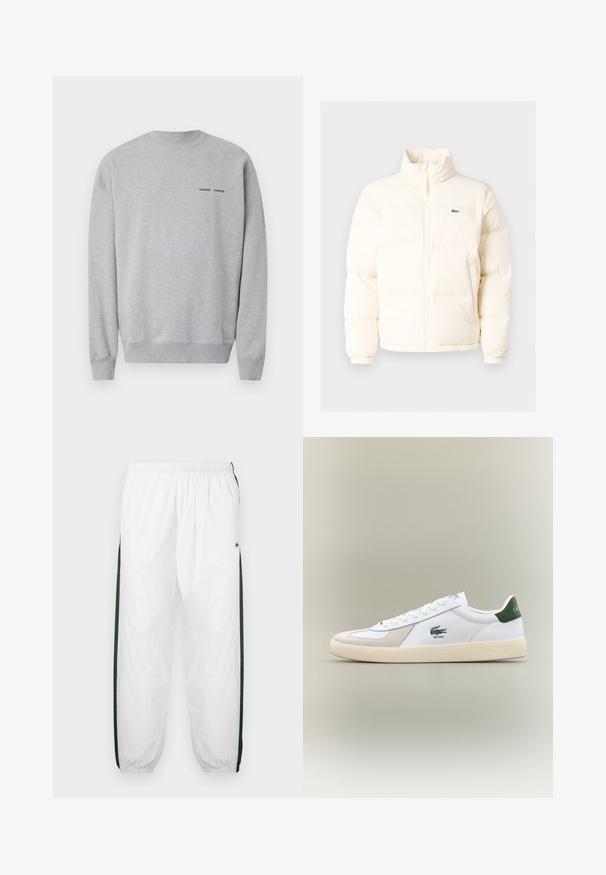 Balta pūkinė striukė su aukštu kaklu, turinti priekinį užtrauktuką, elastines rankogalius ir mažą žalią logotipą kairėje krūtinės pusėje.; Pilkas džemperis iš medvilnės mišinio, su nugariniu kaklu ir rankogaliais. Mažas juodas logotipas ant krūtinės. Lygus paviršius ir patogus siluetas.; Baltos treniruočių kelnės su tamsiai žaliais šonų juostelėmis. Lengva medžiaga, elastinga juosmens juosta ir apASPIRUOTI rankogaliai. Šonų juostelėse yra tinklelio tekstūra.; Baltos sportbačiai su žaliais akcentais, pagaminti iš zomšos ir odos, su apvaliu nose, tekstūruotu padu ir siuvinėtu logotipu šone bei ant liežuvio.