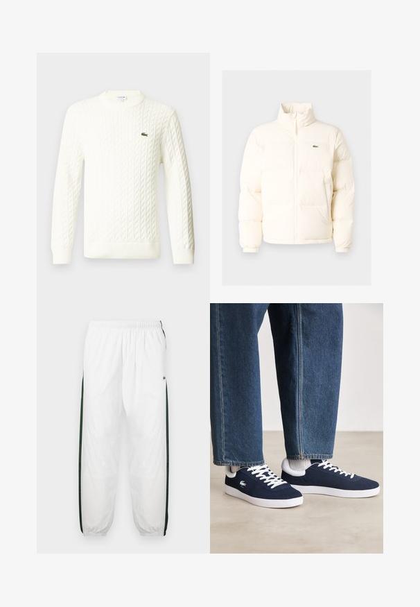 Jachetă pufoasă albă cu guler înalt, cu fermoar în față, manșete elastice și un mic logo verde pe pieptul stâng.; Pulover alb tricotat cu guler tip crew, mâneci lungi și un logo brodat verde pe piept. Fabricat dintr-un material tricotat moale.; Pantaloni de trening albi cu panouri laterale de culoare verde închis. Material ușor, talie elastică și tivuri manșonate. Prezintă o textură din plasă pe panourile laterale.; Tenisi din pânză albaștri cu șireturi albe și tălpi din cauciuc, expuși alături de pantaloni din denim și șosete gri cu dungi, pe o suprafață gri deschis.