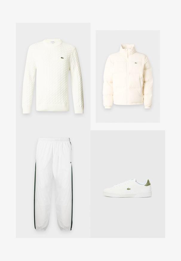 Vit puffjacka med hög krage, som har en framdragkedja, elastiska muddar och en liten grön logotyp på vänster bröst.; Vit kabelstickad tröja med rund halsringning, långa ärmar och en grön broderad logotyp på bröstet. Tillverkad av ett mjukt stickat tyg.; Vita träningsbyxor med mörkgröna sidopaneler. Lätt material, elastisk midjeband och nedhasade fållar. Har nätstruktur på sidopanelerna.; Vita sneakers med en slät textur, med en grön detalj vid hälen och en liten broderad krokodil-logga på sidan.