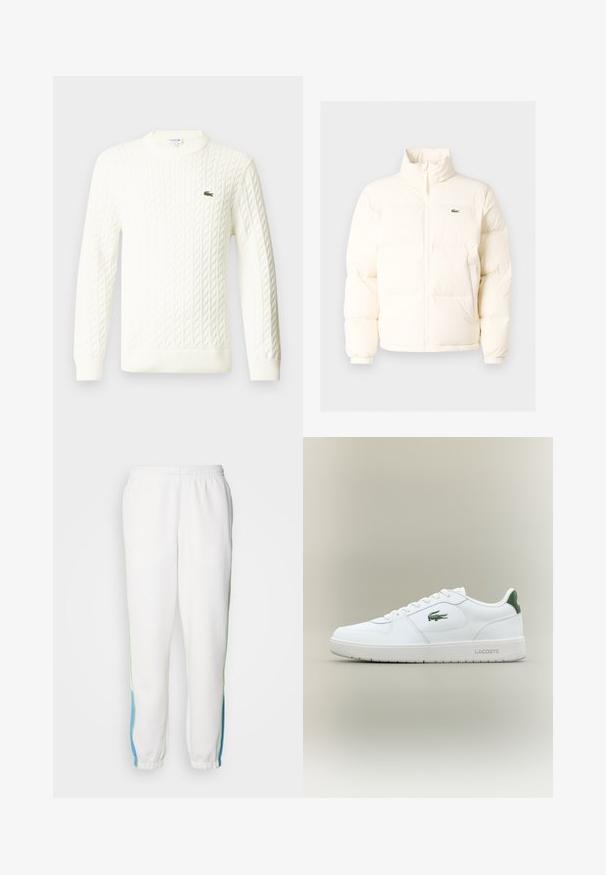 Valge pūusapüüri jope kõrge kaelusega, esiküljel lukuga, elastsete mansettidega ja väikese rohelise logoga vasakul rinnal.; Valge kaelustega kudum, millel on pikad varrukad ja roheline tikand rinnal. Valmistatud pehmest kudumiskangast.; Valged dressipüksid elastse vöökindaga, roheline ja sinine külgdekoratsioon. Pehme kangas ja kitsenev säärekujundus.; Valge nahkne spordijalats sujuva viimistlusega, rohelised aktsendid kanna peal ja roheline logo küljel. Omab lamedat tallat ja ümmargust varvast.