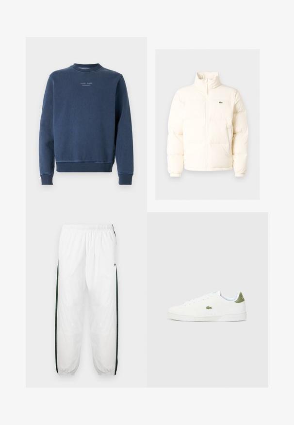 Biała kurtka puchowa z wysokim kołnierzem, z zamkiem błyskawicznym z przodu, elastycznymi mankietami i małym zielonym logo po lewej stronie klatki piersiowej.; Granatowy sweter z teksturowanej bawełny. Posiada okrągły dekolt, długie rękawy i ściągacze przy mankietach. Branding umieszczony na klatce piersiowej.; Białe spodnie dresowe z ciemnozielonymi bocznymi panelami. Lekkie materiały, elastyczny pas i ściągacze u dołu. Zawierają siateczkową teksturę na bokach.; Białe sneakersy o gładkiej fakturze, z zielonym akcentem na pięcie i małym wyhaftowanym logo krokodyla z boku.