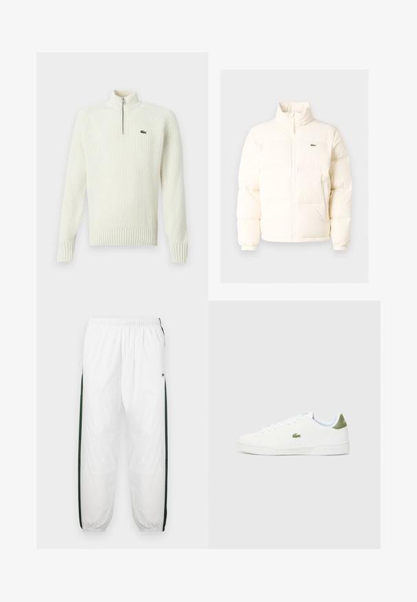 Biała kurtka puchowa z wysokim kołnierzem, z zamkiem błyskawicznym z przodu, elastycznymi mankietami i małym zielonym logo po lewej stronie klatki piersiowej.; Kremowy sweter zapinany na zamek z dzianiny, o prążkowanej fakturze, z wysokim kołnierzem i małym zielonym logo na lewej piersi. Długie rękawy i dopasowane wykończenie.; Białe spodnie dresowe z ciemnozielonymi bocznymi panelami. Lekkie materiały, elastyczny pas i ściągacze u dołu. Zawierają siateczkową teksturę na bokach.; Białe sneakersy o gładkiej fakturze, z zielonym akcentem na pięcie i małym wyhaftowanym logo krokodyla z boku.