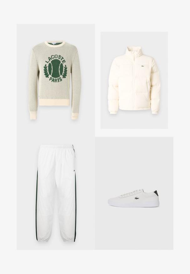 Giacca a vento bianca con collo alto, dotata di zip frontale, polsini elasticizzati e un piccolo logo verde sul petto a sinistra.; Maglione lavorato a maglia off-white con logo verde e motivo tennis. Collo rotondo, maniche lunghe, polsini e orlo a costine. Tessuto leggero e con texture.; Pantaloni da tuta bianchi con pannelli laterali di un verde scuro. Materiale leggero, vita elasticizzata e orli a costine. Presentano una texture in rete sui pannelli laterali.; Sneaker bianco in pelle con punta rotonda, chiusura con lacci e accentuazione nera sul tallone. Presenta un piccolo logo di coccodrillo ricamato sul lato.