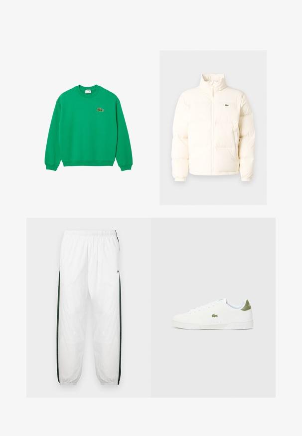 Chaqueta acolchada blanca con un alto cuello, que presenta una cremallera frontal, puños elásticos y un pequeño logotipo verde en el lado izquierdo del pecho.; Sudadera verde de tejido de mezcla de algodón, con cuello redondo, puños y dobladillo acanalados, y un logotipo de cocodrilo bordado en el pecho.; Pantalones de chándal blancos con paneles laterales de color verde oscuro. Material ligero, cinturilla elástica y dobladillos con puños. Presenta textura de malla en los paneles laterales.; Zapatillas blancas con una textura suave, que presentan un acento verde en el talón y un pequeño logo de cocodrilo bordado en el lateral.