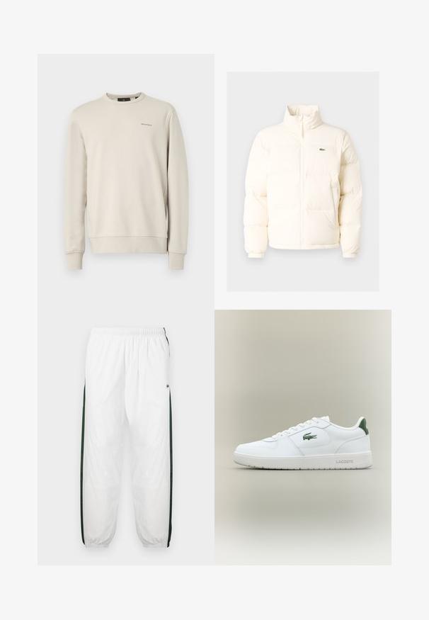Biela puffrová bunda s vysokým golierom, predným zipsom, elastickými manžetami a malým zeleným logom na ľavom prsníku.; Svetlobežový mikin s okrúhlym výstrihom vyrobený z jemnej bavlnenej zmesi, s dlhými rukávmi a diskrétnym logom na hrudi.; Biele športové nohavice s tmavozelenými bočnými panelmi. Ľahký materiál, elastický pás a sťahované lemy. Obsahujú sieťovinovú textúru na bočných paneloch.; Biele kožené tenisky s hladkým povrchom, zelenými akcentami na päte a zeleným logom na boku. Majú plochú podrážku a okrúly špičku.