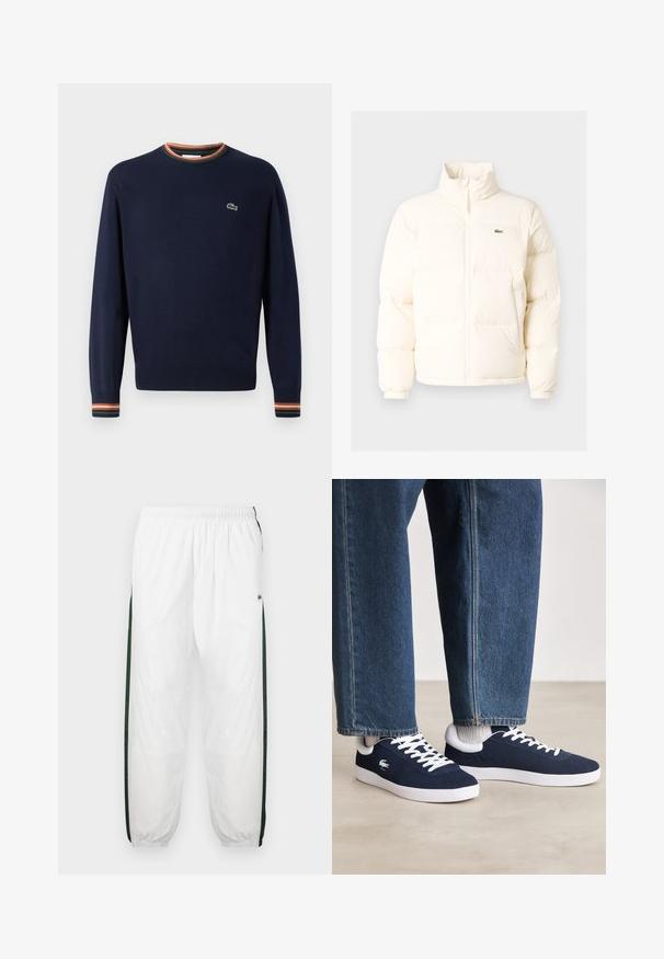 Valkoinen puhallettava takki, jossa on korkea kaulus, etuvetoketju, joustavat hihansuut ja pieni vihreä logo vasemmassa rinnassa.; Sinih t-särk ümmarguse kaelusega, ribakäistega, millel on rohelised, oranžid ja valged triibud, ning väikese tikandiga logo rinnal.; Valkoiset urheiluhousut tummanvihreillä sivupaneeleilla. Kevyt materiaali, joustava vyötärö ja resorit. Sivupaneeleissa on verkkotyyppinen tekstuuri.; Siniset kangaskengät valkoisilla nauhoilla ja kumipohjilla, esillä farkkuhousujen ja harmaiden ribattujen sukkien kanssa, vaaleanharmaalla pinnalla.