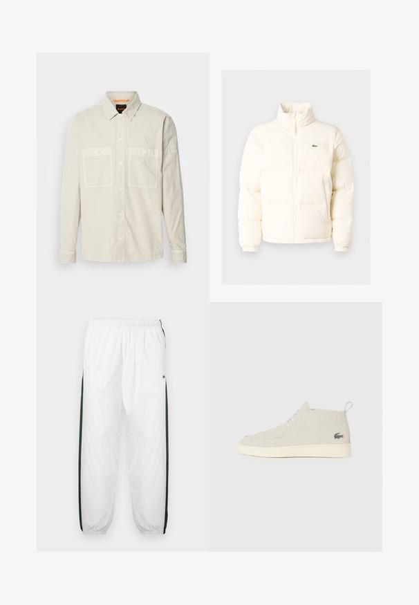 Biała kurtka puchowa z wysokim kołnierzem, z zamkiem błyskawicznym z przodu, elastycznymi mankietami i małym zielonym logo po lewej stronie klatki piersiowej.; BOSS LOCKY beżowy; Białe spodnie dresowe z ciemnozielonymi bocznymi panelami. Lekkie materiały, elastyczny pas i ściągacze u dołu. Zawierają siateczkową teksturę na bokach.; Jasnoszare zamszowe botki do kostek z okrągłym nosem, białą gumową podeszwą i subtelnym detalem logo po bokach. Posiadają sznurowane zapięcie.