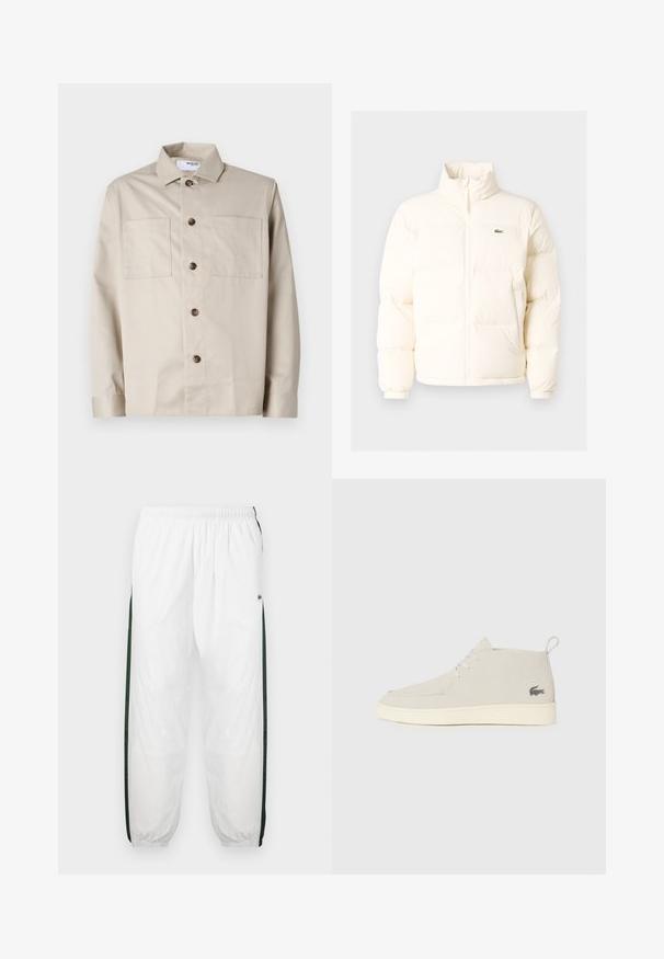 Valge pūusapüüri jope kõrge kaelusega, esiküljel lukuga, elastsete mansettidega ja väikese rohelise logoga vasakul rinnal.; Bež pikkade varrukatega nööbiga särk, millel on kaks esitaskut ja klassikaline krae, asetatud valgele taustale.; Valged sportpüksid tumeroheline külgpanelitega. Kerge materjal, elastne vöökoht ja mansetid. Külgpanelitel on võrkmuster.; Heledad hall Suede säärebootsid, ümara ninaga, valge kummist tallaga ja peene logodetailiga küljel. Omab nööridega sulgemist.