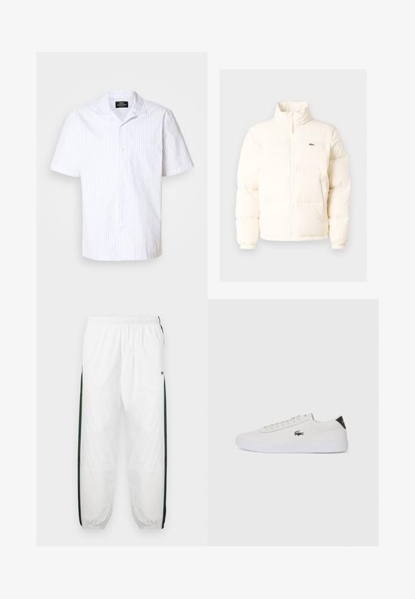 Chaqueta acolchada blanca con un alto cuello, que presenta una cremallera frontal, puños elásticos y un pequeño logotipo verde en el lado izquierdo del pecho.; Camisa de manga corta en blanco con rayas verticales azul claro, con cuello puntiagudo y un bolsillo en el pecho.; Pantalones de chándal blancos con paneles laterales de color verde oscuro. Material ligero, cinturilla elástica y dobladillos con puños. Presenta textura de malla en los paneles laterales.; Zapatilla de cuero blanca con punta redonda, parte frontal con cordones y acento negro en el talón. Presenta un pequeño logo de cocodrilo bordado en el lateral.