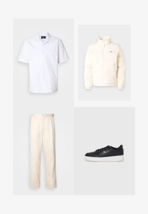 Balts pūkains jaka ar augstu apkakli, priekšā ar rāvējslēdzēju, elastīgām piedurknēm un mazu zaļu logo kreisajā krūtī.; Īsām piedurknēm kreklā baltā krāsā ar gaiši ziliem vertikāliem svītrām, ar norādītu apkakli un vienu krūšu kabatu.; Bežā krāsā auduma bikses ar taisnu kāju griezumu, pievienotām pogu aizdares un priekšējiem krokām papildu detaļām.; Melnas ādas tenisa kurpes ar baltu zoli, ar noapaļotu purngalu, saista dizainu un nemanāmu logotipu sānos. Strukturēta virsma.