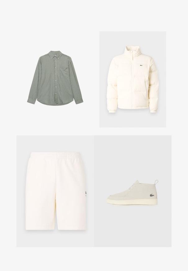 Giacca a vento bianca con collo alto, dotata di zip frontale, polsini elasticizzati e un piccolo logo verde sul petto a sinistra.; Camicia a maniche lunghe con bottoni di colore verde oliva, caratterizzata da strisce bianche verticali, colletto classico e taschino sul lato sinistro.; Pantaloni corti color crema con vita elastica, realizzati in tessuto morbido, con un piccolo logo sulla parte inferiore della gamba sinistra.; Stivali alla caviglia in suede grigio chiaro con punta rotonda, suola in gomma bianca e un sottile dettaglio del logo sul lato. Presentano una chiusura con lacci.