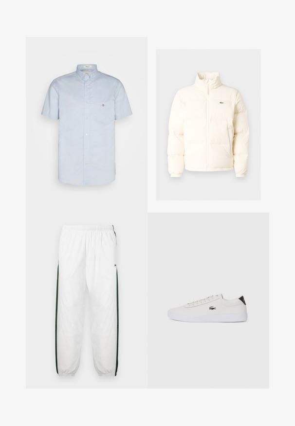 Giacca a vento bianca con collo alto, dotata di zip frontale, polsini elasticizzati e un piccolo logo verde sul petto a sinistra.; Camicia azzurra a maniche corte con colletto button-down, caratterizzata da una tasca sul petto sinistro e un piccolo dettaglio del logo. Realizzata in tessuto morbido.; Pantaloni da tuta bianchi con pannelli laterali di un verde scuro. Materiale leggero, vita elasticizzata e orli a costine. Presentano una texture in rete sui pannelli laterali.; Sneaker bianco in pelle con punta rotonda, chiusura con lacci e accentuazione nera sul tallone. Presenta un piccolo logo di coccodrillo ricamato sul lato.