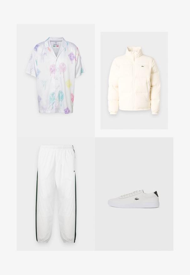 Giacca a vento bianca con collo alto, dotata di zip frontale, polsini elasticizzati e un piccolo logo verde sul petto a sinistra.; Camicia a maniche corte realizzata in tessuto leggero, caratterizzata da stampe grafiche multicolori su sfondo bianco, inclusi loghi e motivi astratti.; Pantaloni da tuta bianchi con pannelli laterali di un verde scuro. Materiale leggero, vita elasticizzata e orli a costine. Presentano una texture in rete sui pannelli laterali.; Sneaker bianco in pelle con punta rotonda, chiusura con lacci e accentuazione nera sul tallone. Presenta un piccolo logo di coccodrillo ricamato sul lato.