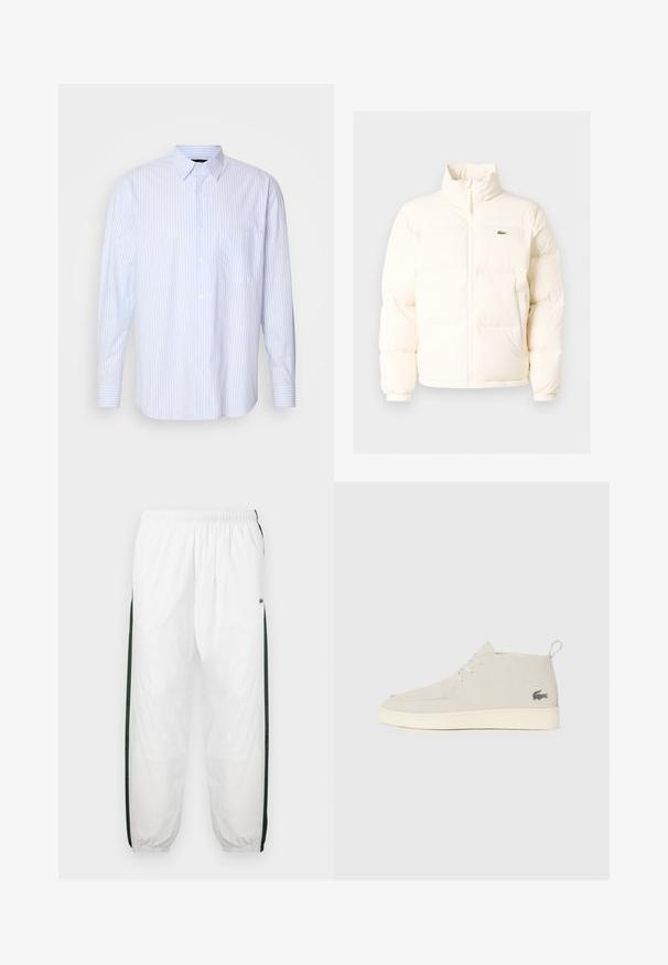 Witte pufferjack met een hoge kraag, voorzien van een ritssluiting aan de voorkant, elastische boorden en een klein groen logo op de linkerborst.; Lichtblauw en wit gestreept overhemd met lange mouwen, een button-down kraag, een borstzak en manchetten met één knoop. Gemaakt van katoen.; Witte trainingsbroek met donkergroene zijpanelen. Lichtgewicht materiaal, elastische tailleband en boordjes aan de onderkant. Heeft een meshstructuur op de zijpanelen.; Lichtgrijze suède enkelbotten met een ronde neus, witte rubberen zool en subtiele logo-details aan de zijkant. Voorzien van een vetersluiting.