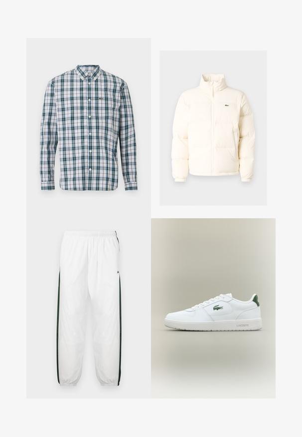 Valkoinen puhallettava takki, jossa on korkea kaulus, etuvetoketju, joustavat hihansuut ja pieni vihreä logo vasemmassa rinnassa.; Pitkähihainen ruudullinen paita valkoisessa, vihreässä ja vaaleansinisessä ruudussa. Paita on varustettu nappikauluksella ja rinnassa on pieni kirjailtu logo.; Valkoiset urheiluhousut tummanvihreillä sivupaneeleilla. Kevyt materiaali, joustava vyötärö ja resorit. Sivupaneeleissa on verkkotyyppinen tekstuuri.; Valkoinen nahkakenkä sileällä pinnalla, vihreät yksityiskohdat kantapäässä ja vihreä logo sivussa. Varustettu tasaisella pohjalla ja pyöreällä kärjellä.