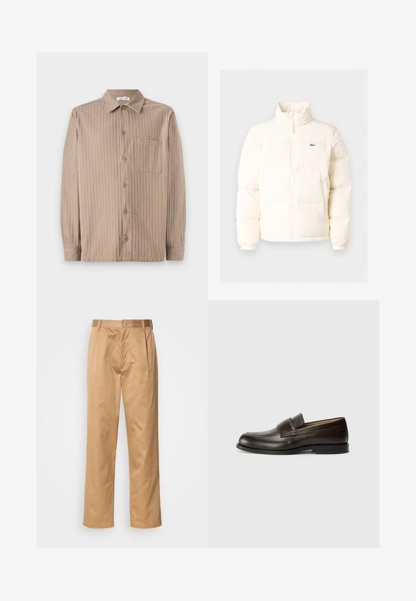 Valge pūusapüüri jope kõrge kaelusega, esiküljel lukuga, elastsete mansettidega ja väikese rohelise logoga vasakul rinnal.; Beez nööbiga särk, millel on triibuline tekstuur, krae, pikad varrukad ja rinna tasku. Valmistatud pehmest kangast.; Khekilõngid, puuvilla segu, sirge jala disain, ees olevad voldid, vööloopid ja nupuga sulg. Sile tekstuur ilma mustriteta.; Calvin Klein Jalga libistatavad jalanõud - cocoa brown