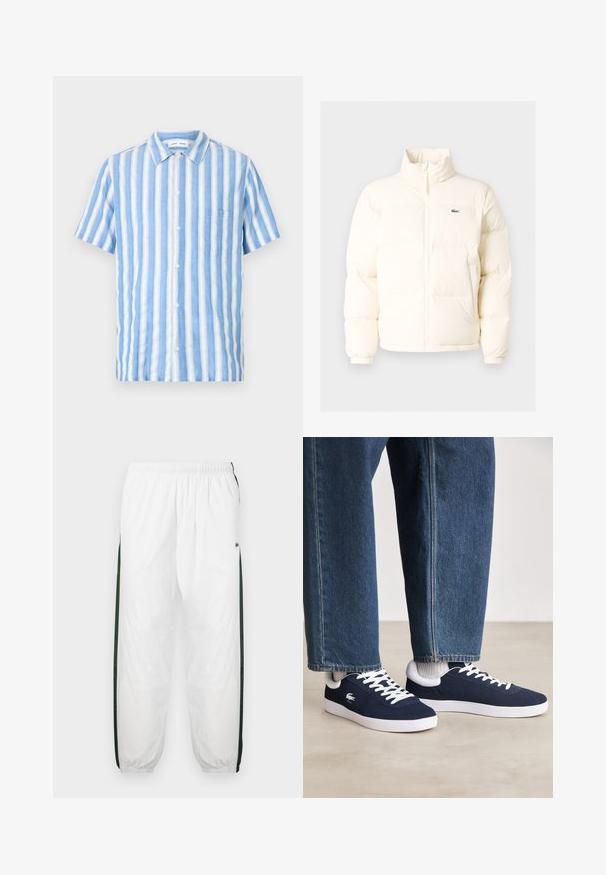 Valge pūusapüüri jope kõrge kaelusega, esiküljel lukuga, elastsete mansettidega ja väikese rohelise logoga vasakul rinnal.; Lühikeste varrukatega särk helesinise ja valge vertikaalse triibuga, valmistatud kerge materjali, nööbitava esiosa ja rindkere taskuga.; Valged sportpüksid tumeroheline külgpanelitega. Kerge materjal, elastne vöökoht ja mansetid. Külgpanelitel on võrkmuster.; Sinised kangast spordijalatsid valgete paelte ja kummitaldadega, eksponeeritud teksatõmblustega pükste ja hallide soonikkudega sokkidega, heledal hallil pinnal.