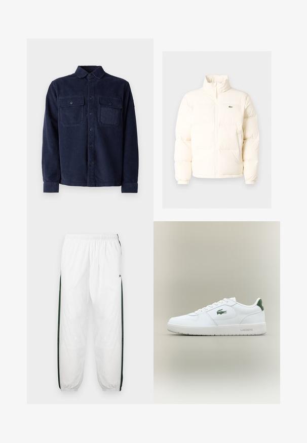 Bela puffer jakna z visokim ovratnikom, ki ima sprednji zadrgo, elastične manšete in majhen zeleni logotip na levem prsnem delu.; Belstaff FALLGATE SHIRT - Srajca - dark ink; Bela tekaška hlače s temno zelenimi stranskimi ploščami. Lahka material, elastični pas in prikrajšani robovi. Imajo mrežasto teksturo na stranskih ploščah.; Bela usnjena tenisačka obutev s gladko površino, z zelenimi poudarki na peti in zelenim logotipom ob strani. Ima ravno podplat in okroglo konico.