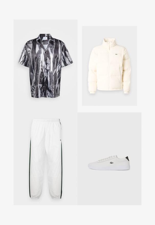 Balts pūkains jaka ar augstu apkakli, priekšā ar rāvējslēdzēju, elastīgām piedurknēm un mazu zaļu logo kreisajā krūtī.; Īsām piedurknēm pogājamā krekls melnbaltā krāsā ar teksturēta čūskas rakstu, ar brīvu apkakli un gludu auduma apdari.; Baltas sporta bikses ar tumši zaļām sānu joslām. Viegls materiāls, elastīga josta un aproces apakšā. Satur acu auduma tekstūru sānu joslās.; Baltas ādas sporta apavu modelis ar noapaļotu purngalu, sasienamu priekšpusi un melnu papēža akcentu. Satur nelielu izšūtu krokodila logo sānos.