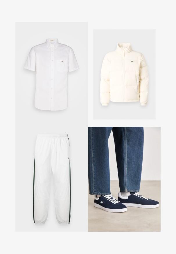 Balta pūkinė striukė su aukštu kaklu, turinti priekinį užtrauktuką, elastines rankogalius ir mažą žalią logotipą kairėje krūtinės pusėje.; Trumpas rankovėmis baltas marškiniai su mygtukais, pagamintas iš medvilnės, su krūtinės kišene ir mažais logotipo elementais kišenėje. Tekstūruotas, švarus dizainas.; Baltos treniruočių kelnės su tamsiai žaliais šonų juostelėmis. Lengva medžiaga, elastinga juosmens juosta ir apASPIRUOTI rankogaliai. Šonų juostelėse yra tinklelio tekstūra.; Mėlyni drobės sportbačiai su baltais raišteliais ir guminiais padais, išdėstyti su džinsiniais kelnėmis ir pilkais briaunotais kojiniais, šviesiai pilkame paviršiuje.